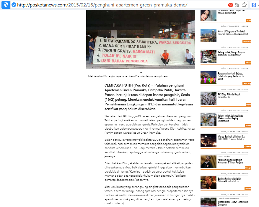 Warga Rusun “The Green Pramuka” Adukan Pengelola/Pengembang Ke DPD RI